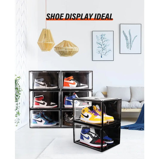 ClearStack Black Sneaker Boxes: Stackable Shoe Storage Organizers with Magnetic Lid